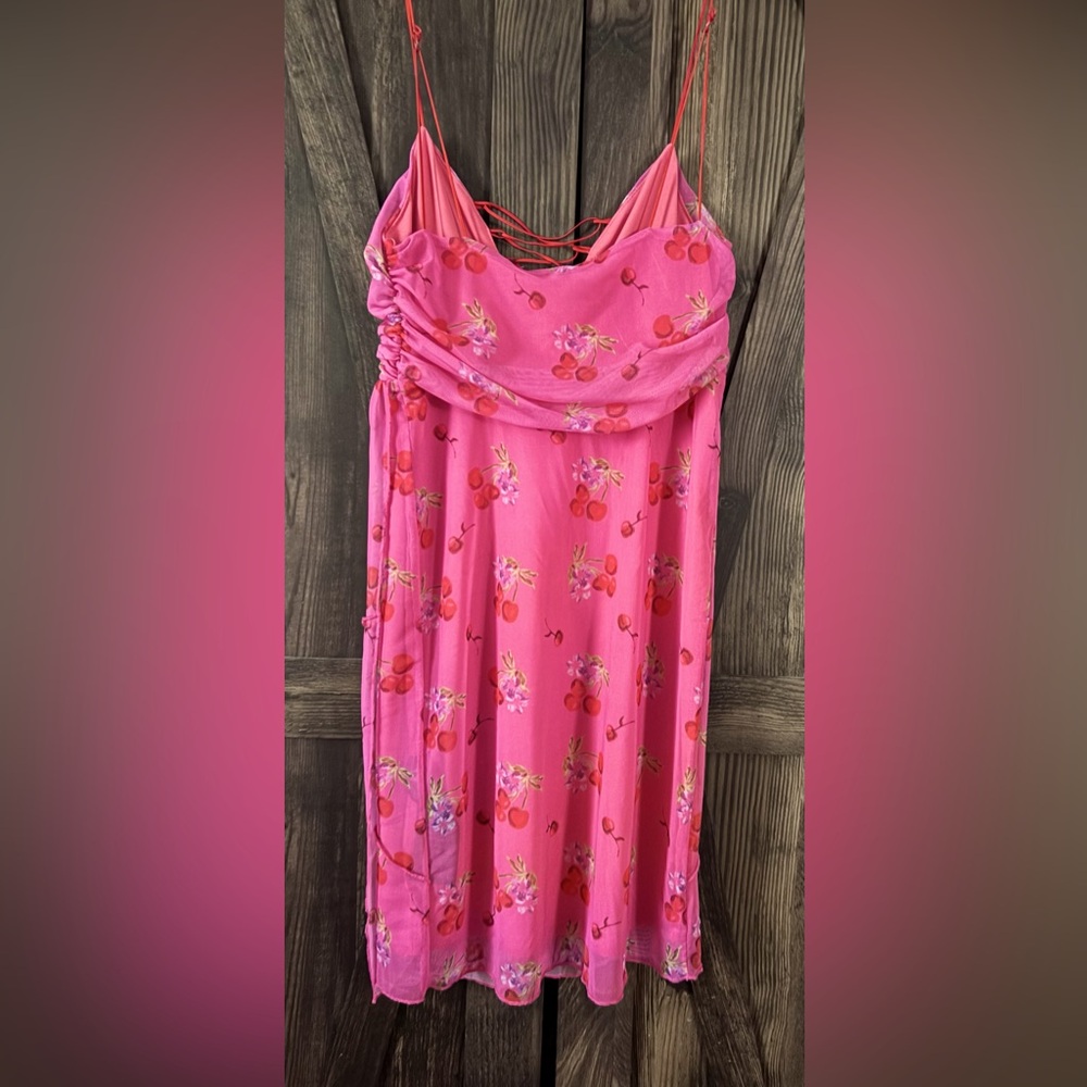 Urban Outfitters BNWT Pink Cherries Lace-Up Mini Dress - Picture 6 of 6